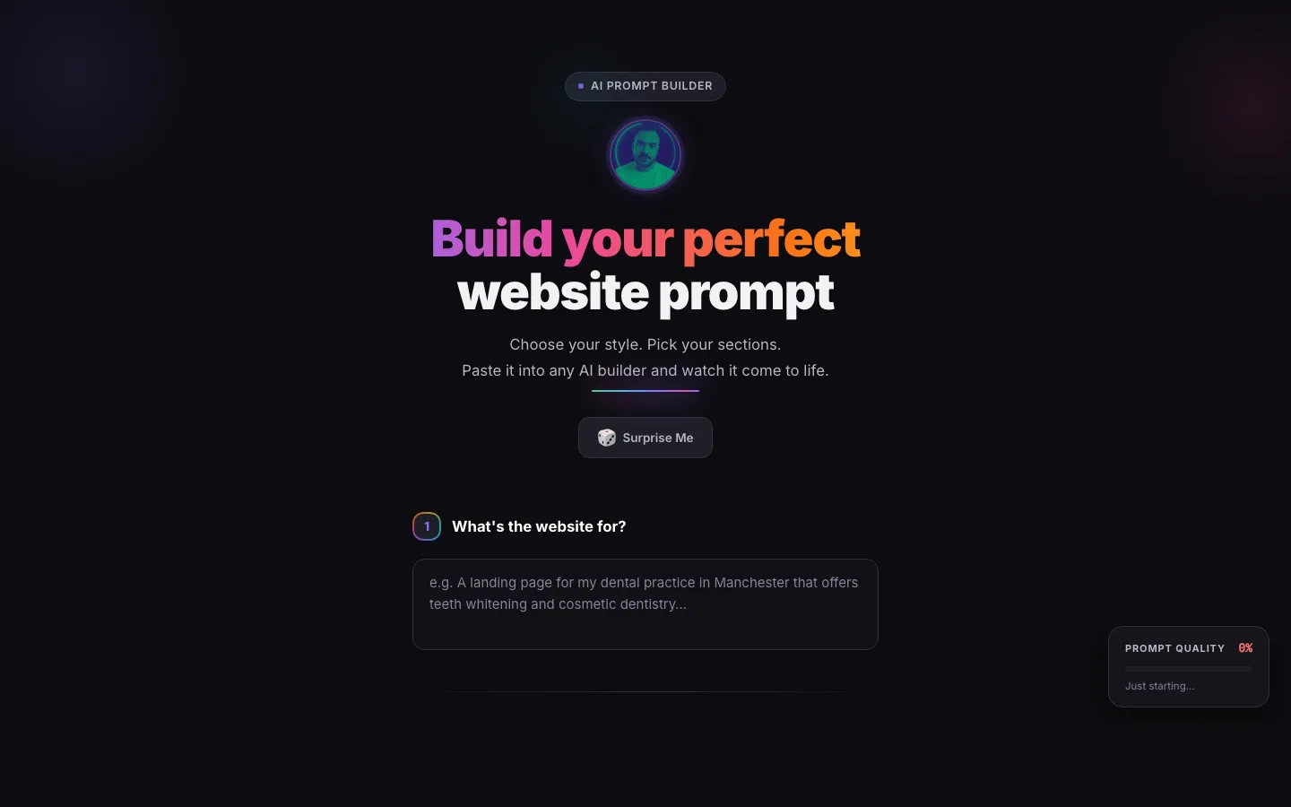 AI Website Prompt Builder interface